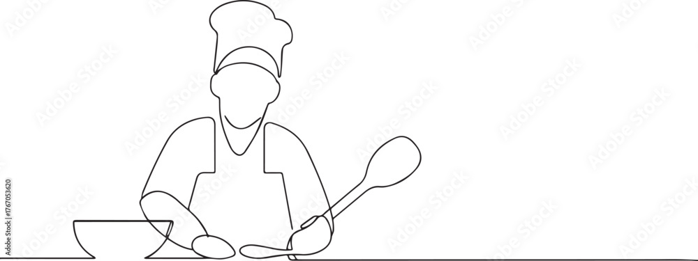 Fototapeta premium Chef cooking food one continuous line art, Vector illustration, One line art