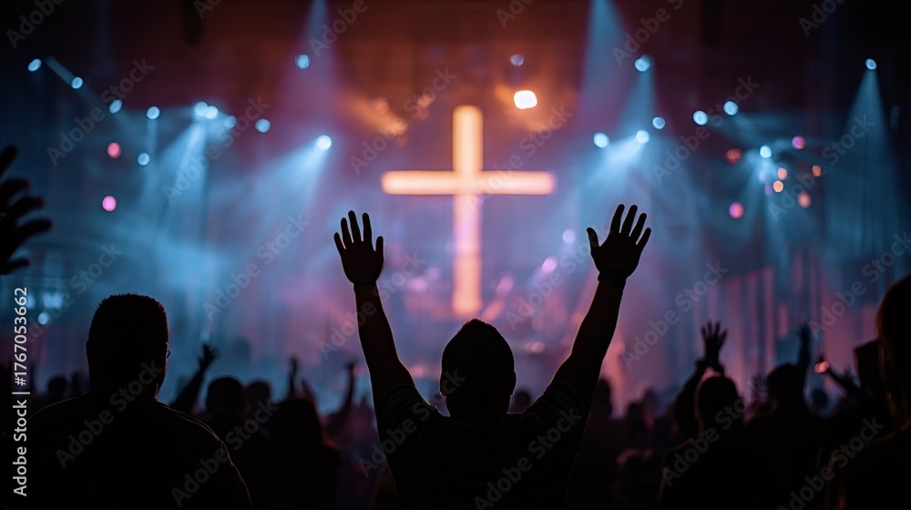 Fototapeta premium Congregation raising hands toward an illuminated cross on stage during an uplifting worship service, silhouetted crowd united in faith, praise and shared spiritual devotion