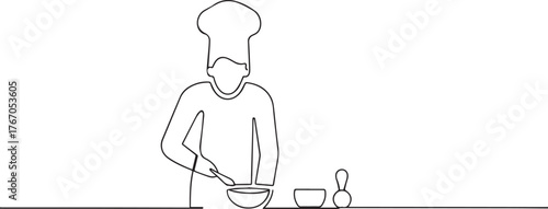 Chef cooking food one continuous line art, Vector illustration, One line art
