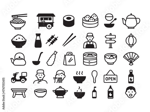 Asian Cuisine and Oriental Food Service Glyph Icons Set - Noodle Sushi Dim Sum and Restaurant set