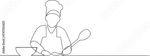 Chef cooking food one continuous line art, Vector illustration, One line art