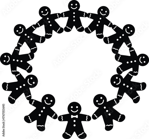 Cheerful gingerbread people holding hands in a circle forming a festive garland