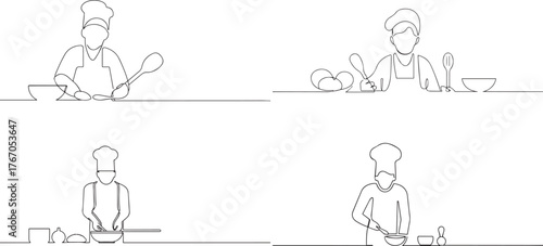 A group of  Chef cooking food one continuous line art, Vector illustration, One line art