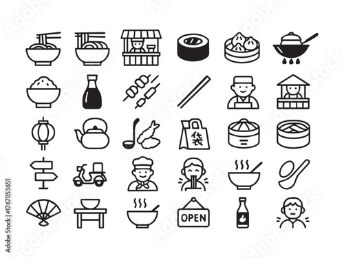 Asian Cuisine and Oriental Food Service Line Icons Set - Noodle Sushi Dim Sum and Restaurant Vector