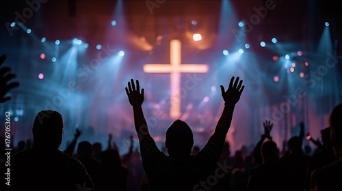 Congregation raising hands toward an illuminated cross on stage during an uplifting worship service, silhouetted crowd united in faith, praise and shared spiritual devotion