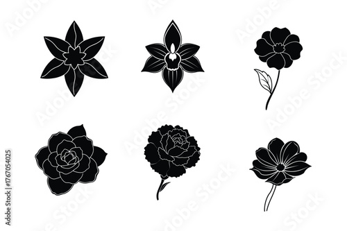 Six stylized black floral silhouettes isolated set isolated on white background