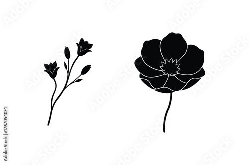 Set of three elegant black silhouette floral designs isolated isolated on white background