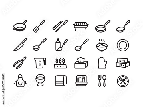 Minimal Kitchen Utensils Cooking Tools and Chef Line Icons - Food Preparation and Tableware Vector