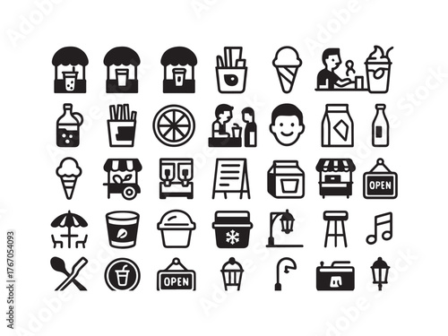 Cafe Street Food and Kiosk Service Glyph Icons Set - Coffee Fast Food and Outdoor Shop Vector