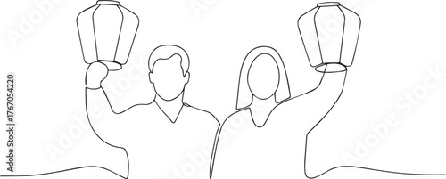 Couple holding lantern one continuous line art, Vector illustration, One line art