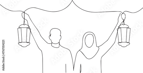 Couple holding lantern one continuous line art, Vector illustration, One line art