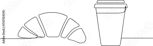 croissant with coffee one continuous line art, Vector illustration, One line art