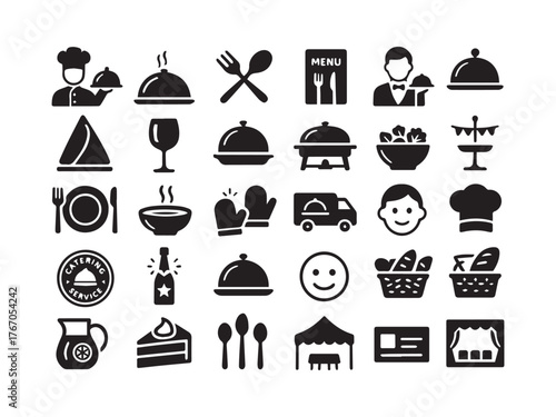 Professional Catering Service Glyph Icons Set - Dining Dessert Delivery and Event Equipment Vector