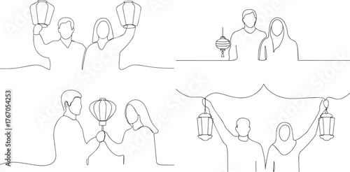 A group of  Couple holding lantern one continuous line art, Vector illustration, One line art