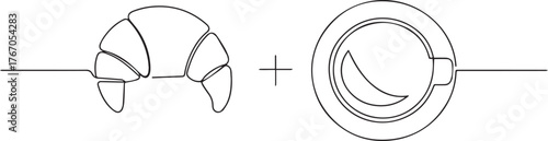 croissant with coffee one continuous line art, Vector illustration, One line art