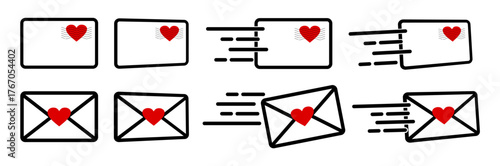 Collection of envelope with heart seal and heart stamp. 