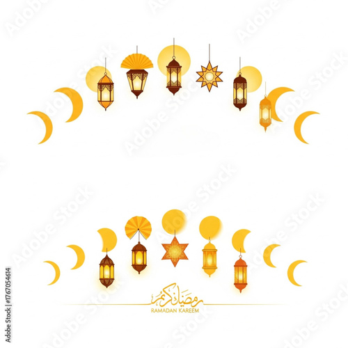 Celebrate Ramadan Kareem with golden moons and lanterns, a festive greeting for the holy month, radiating joy and peace for warm wishes and blessings