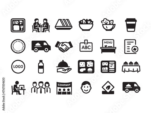 Corporate Catering and Business Lunch Service Glyph Icons - Food Packaging Meeting and Delivery Vector
