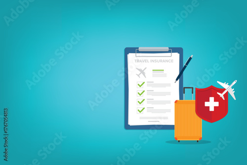 Travel insurance. Traveling luggage suitcase and airplane trip protect. Plane flight safety symbol. Aircraft journey risk protection.	