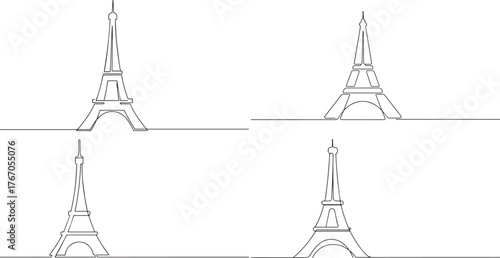 A group of  Eiffel tower one continuous line art, Vector illustration, One line art, Line art graphic style
