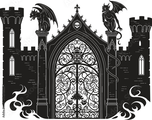Gothic castle entrance with gargoyles and ornate iron gate under a dark sky