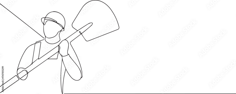 Fototapeta premium Farmer holding shovel one continuous line art, Vector illustration, One line art, Line art graphic style