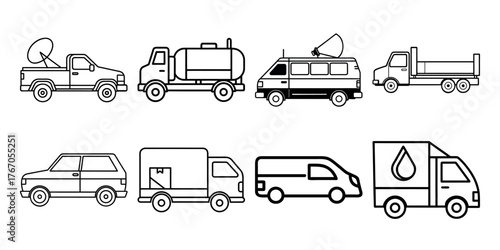 Vector art of set of different types of trucks and vans line art illustration style