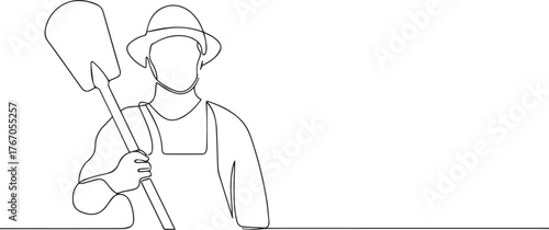 Farmer holding shovel one continuous line art, Vector illustration, One line art, Line art graphic style