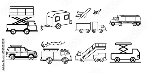 Vector art of set of different types of trucks and vans line art illustration style