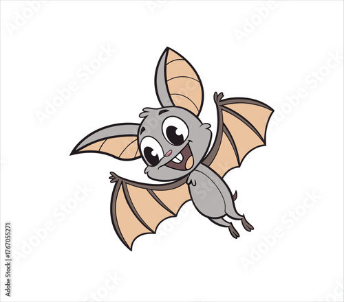 Vector art of a cheerful cartoon bat with big eyes and a wide smile, flying with its wings spread