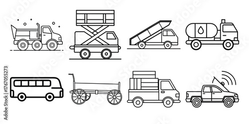 Vector art of set of different types of trucks and vans line art illustration style
