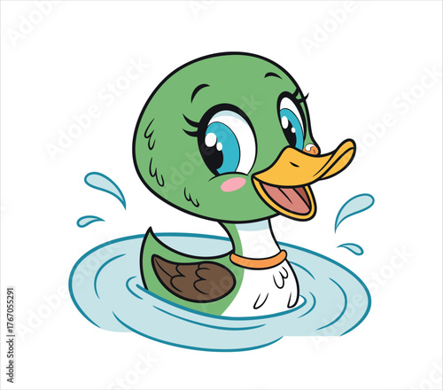 Vector art of cute cartoon duck swimming in water, vector illustration of a duckling