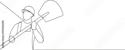 Farmer holding shovel one continuous line art, Vector illustration, One line art, Line art graphic style