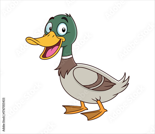 Vector art of happy cartoon duck with big eyes and open beak walking and smiling cheerfully