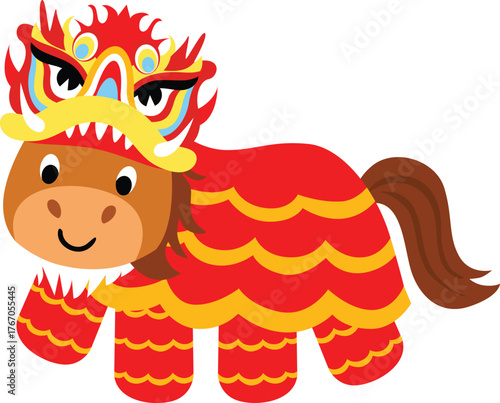 Cute Cartoon Horse Wearing Chinese Dragon Dance Costume