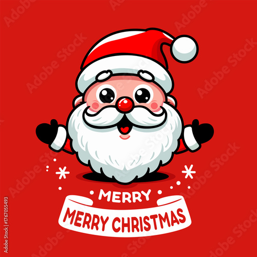 Cute Santa Claus cartoon character with red hat and white beard on red background. Merry Christmas greeting vector illustration for holiday cards, posters, stickers, t-shirts, festive decorations