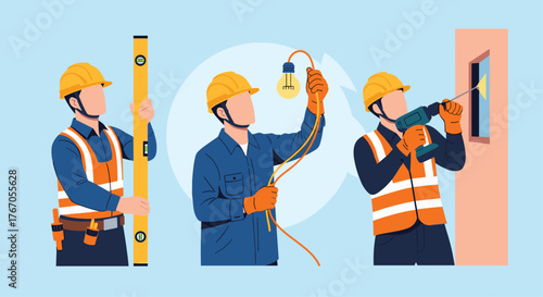 Construction workers performing different tasks with tools like a level, wires, and a drill.