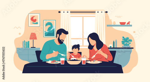 A family of three enjoys a meal together at their dining table, with a father, mother, and child eating dinner.