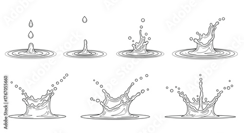 Collection of stylized illustrations depicting the stages of a water drop splashing into liquid.