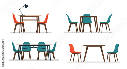 Four illustrations of dining tables and chairs in various arrangements and colors.