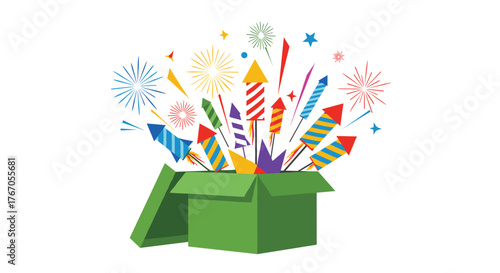 A green gift box overflowing with colorful fireworks and explosions against a white background.
