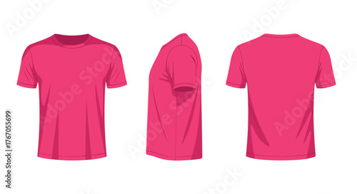 Three views of a pink t-shirt: front, side, and back, on a white background.