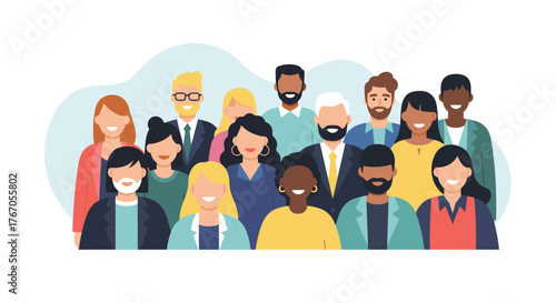 Diverse group of smiling people standing together in a flat illustration style.