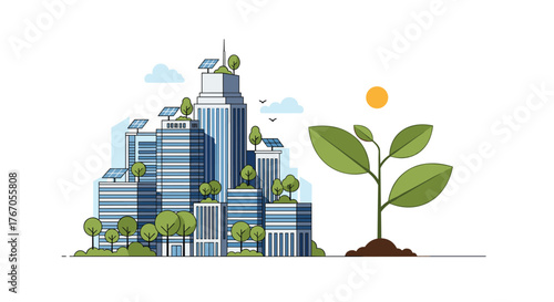 Stylized illustration of a green city with solar panels and growing plants symbolizing sustainability.