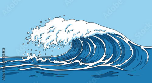A large, stylized blue wave with white cresting foam breaks against a clear light blue sky.