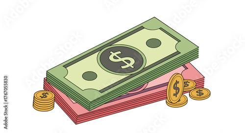 Stack of US dollars in bills and coins, symbolizing wealth and financial success.