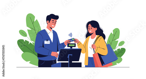 A man in a blue sweater and a woman with shopping bags make a contactless payment at a checkout.