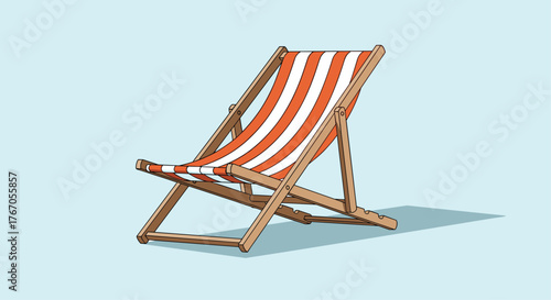 A simple illustration of a wooden deck chair with orange and white stripes on a light blue background.