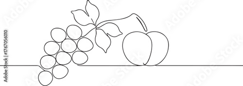 Grape fruit with leaf one continuous line art, Vector illustration, One line art, Line art graphic style