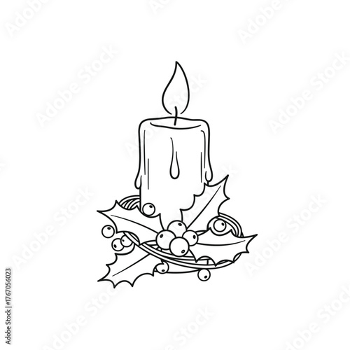 Hand drawn christmas candle illustration with holly berries and festive decorations